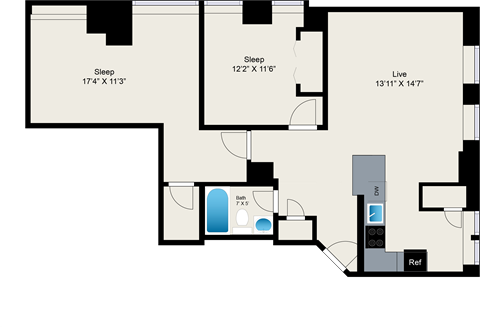 A floor plan of a house with two bedrooms, a living room, a bathroom, and a kitchen.